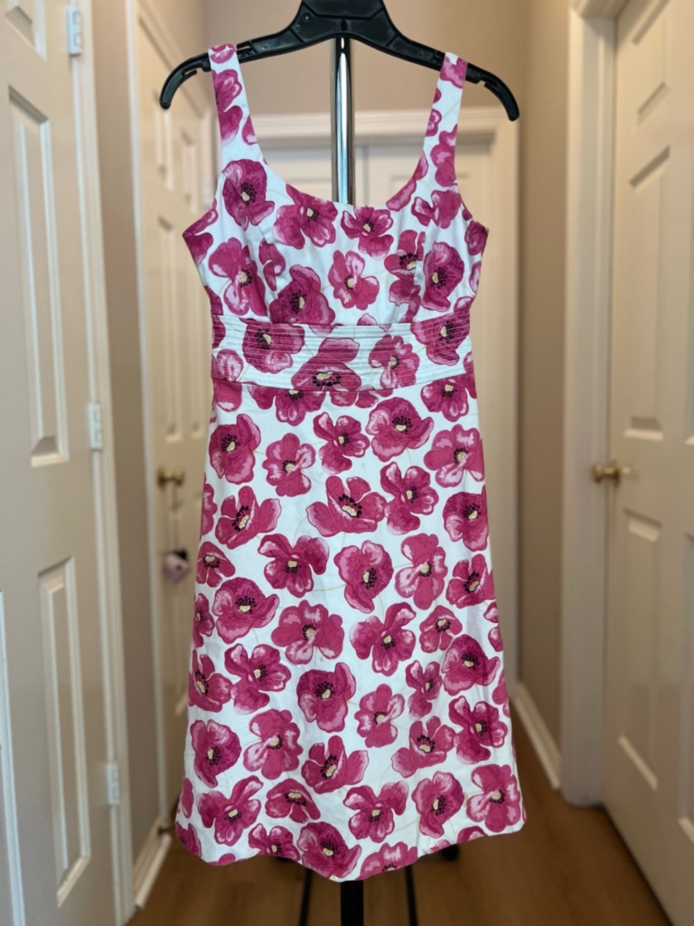 Vintage White Midi Dress with Pink Floral Print